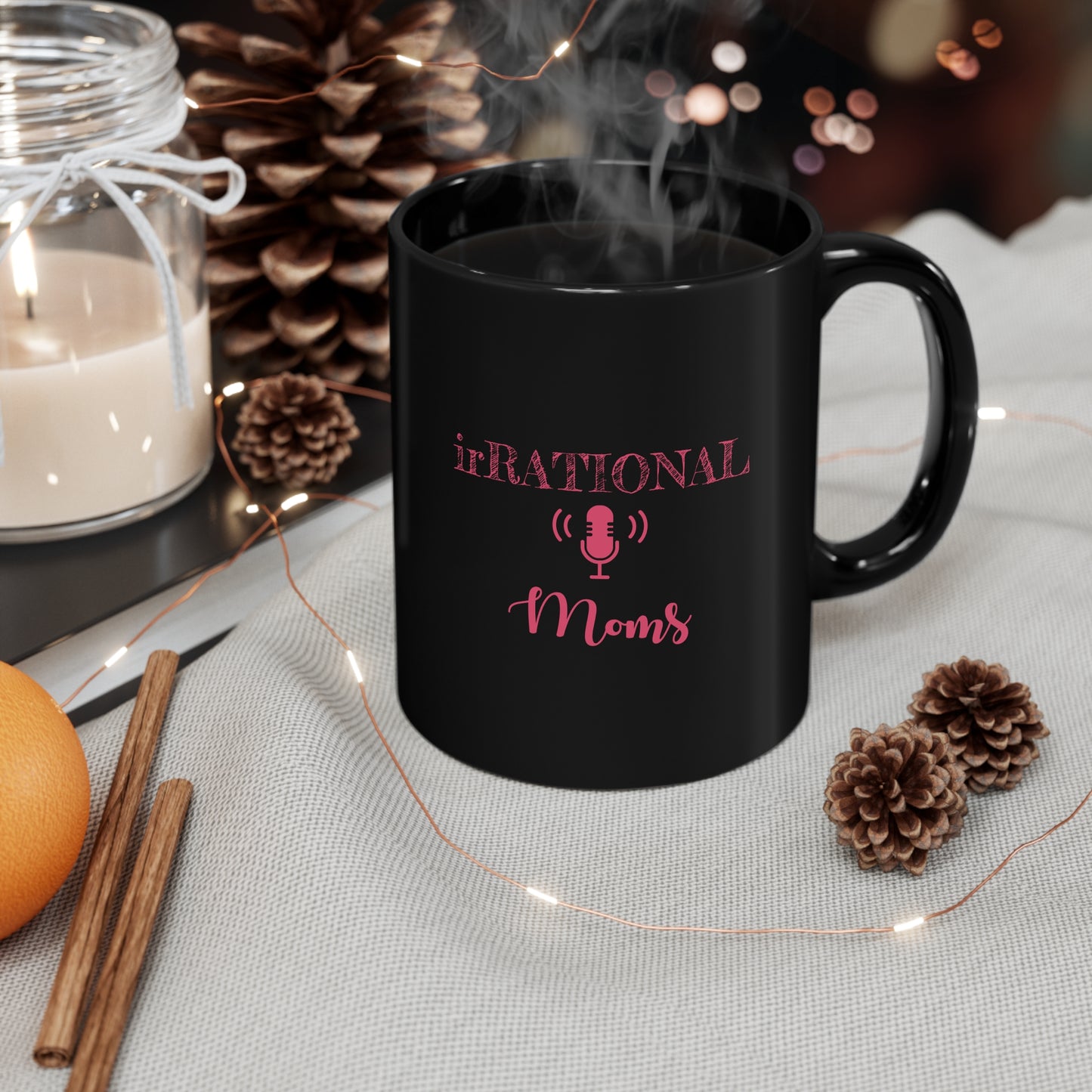 irRational Moms 11oz Black Mug (logo in pink)