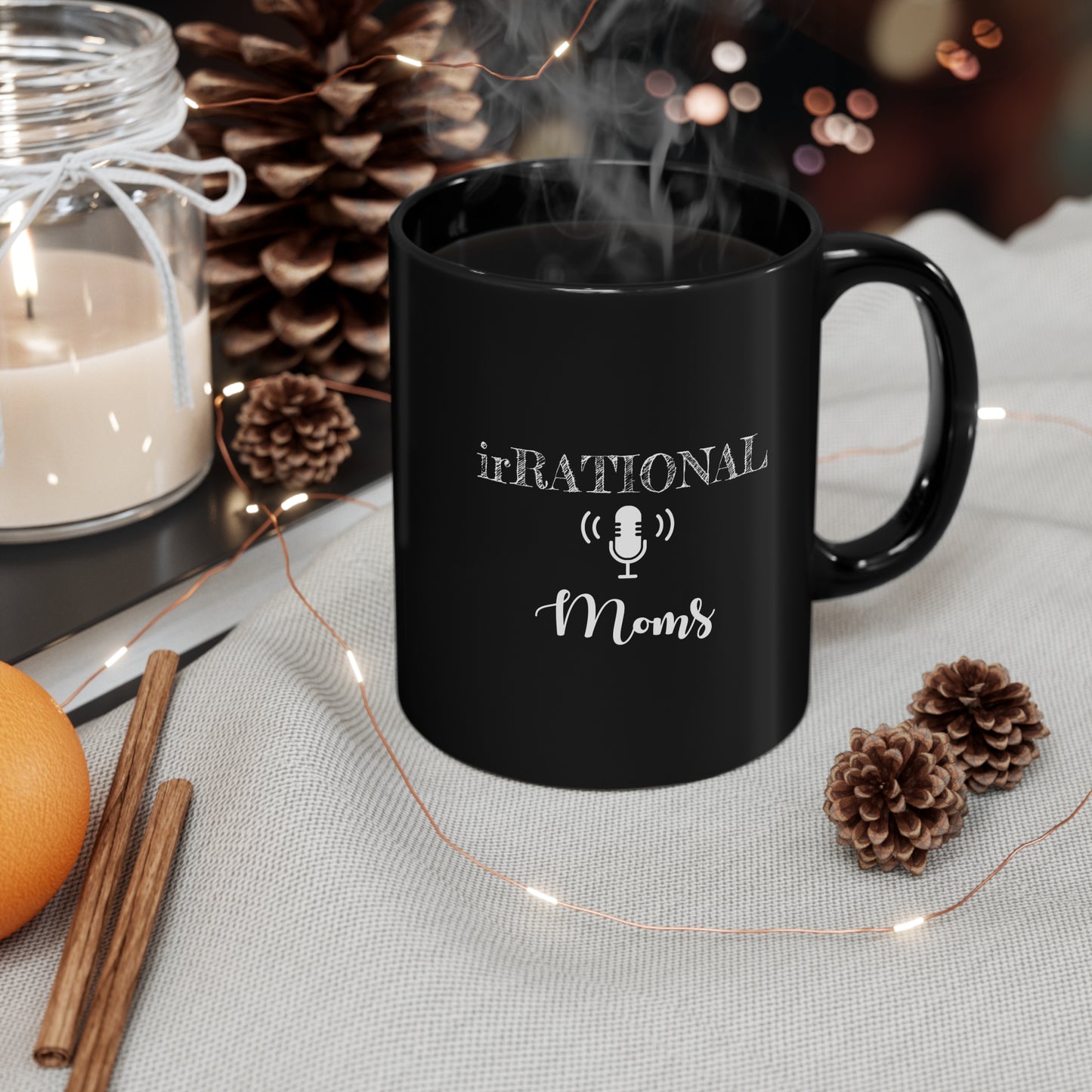 irRational Moms 11oz Black Mug (logo in white)